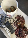 Westpac bucket and assorted tools and electrical cords