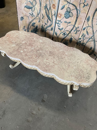 Wood frame marble top coffee table. 16½" T x 52" W x 23" D