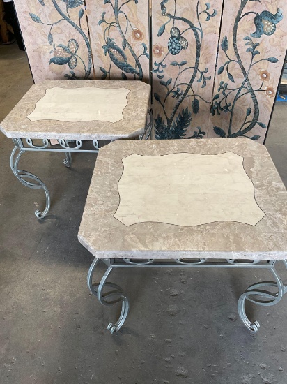 Marble top, metal frame corner tables. 24" T x 26" W x 24" D