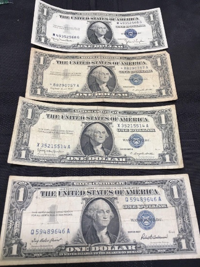 United States Silver Certificates 4 One Dollar Bills. 1957, 1957 A, 1957 B, 1957 D