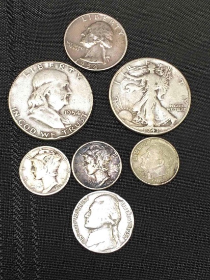 United States Coins 7 Assorted (1) Walking Liberty ½ (1) Franklin ½ (2) Mercury dimes and (misc)