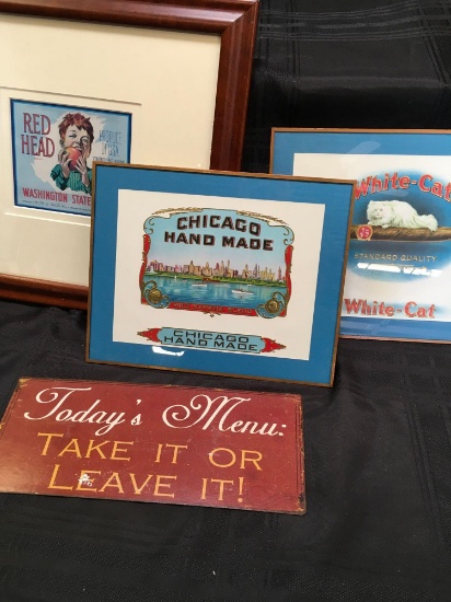 Assorted vintage labels/ signs. Labels for Chicago & White cat have writing in back see pics