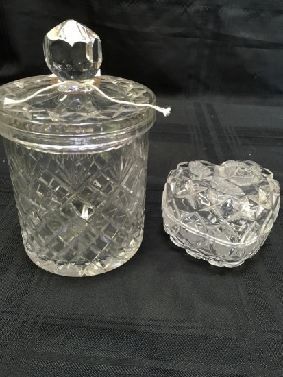 Vintage. 9" jar with lid & 3" heart dish with lid crystal items.