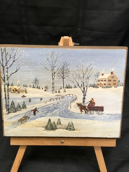 Vintage 9" x 12" oil painting on wood, signed LC