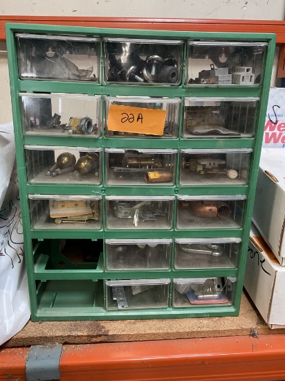 Plastic 16 drawer cabinet with assorted items