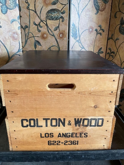 Vintage Colton & Wood, wood crate box advertising with lid, 17" L x 19" W x 23" D