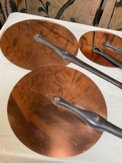 Vintage copper lids with iron handle. 2) 9", 1) 8", 1) 10". measurements do not include handle