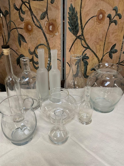 Lot of assorted glass containers / lamp tops, vases. 10 pieces