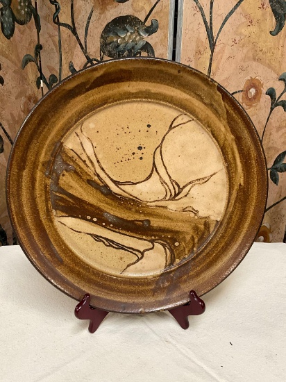 14" Brown/ beige, ceramic, decorative, plate