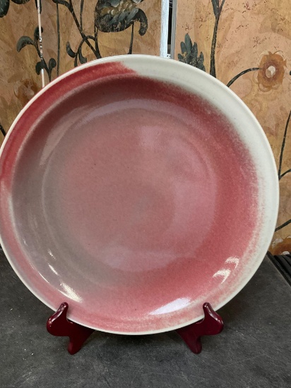 12½" Red / Grey, ceramic decorative plate, initials stamped on the back