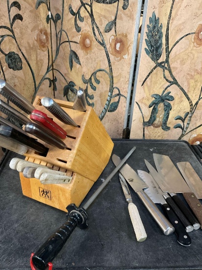 Knife block with assorted knives. 20 knives & DMT Diamond steel sharpener. Made in Malaysia