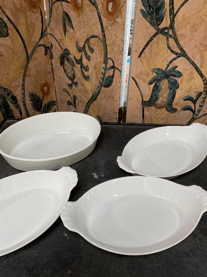 Vintage porcelain 3) 11" L Pillivuyt baking dishes, 1) 10" L Elegance France