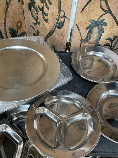 8) 13" acrylic plates, 4) 9½" Stainless steel plates, 6) 9" sectioned plates. 18 pieces total