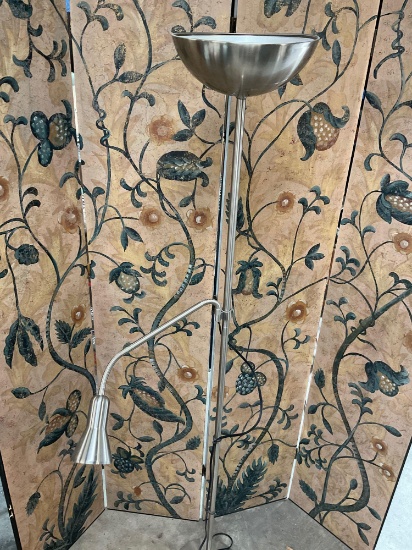6' IKEA nickel color, floor lamp with two lights ( top light missing bulbs). Turned on