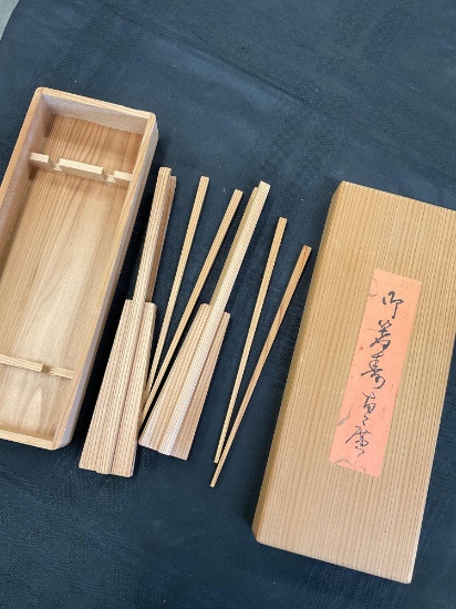 Vintage, set of two wood chopsticks with wood box.