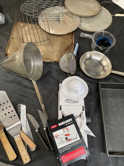 Lot of assorted kitchenware. OXO slicer, Spatula, China cap, Saucepan, Lids etc. 20 pieces