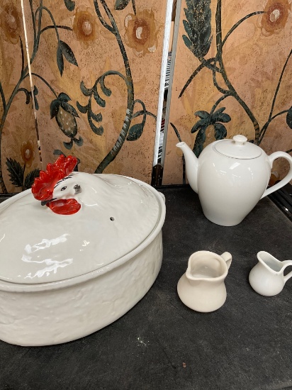 Vintage porcelain 9" T x 12" W x 8" D soup bowl with rooster lid , porcelain tea pot 7" T x 8"W &