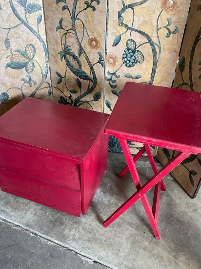 Red Woodland two drawer cabinet 18" T x 22' W x 16" D & red TV tray