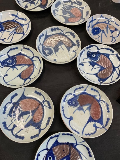Vintage, hand painted, Koi fish, porcelain 9" plates. Some have stamps see pics