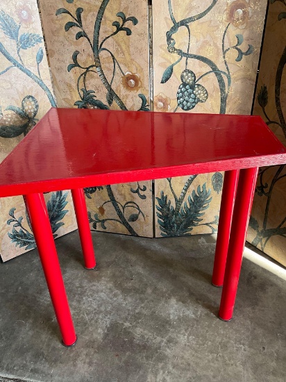 Custom wood top, metal tub legs, red table. 28" T x 29" D