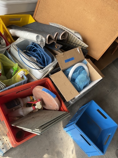 Large lot of Misc. 12" x 12" tiles, pottery, floor mats, ring light bulbs, plastic crates, etc