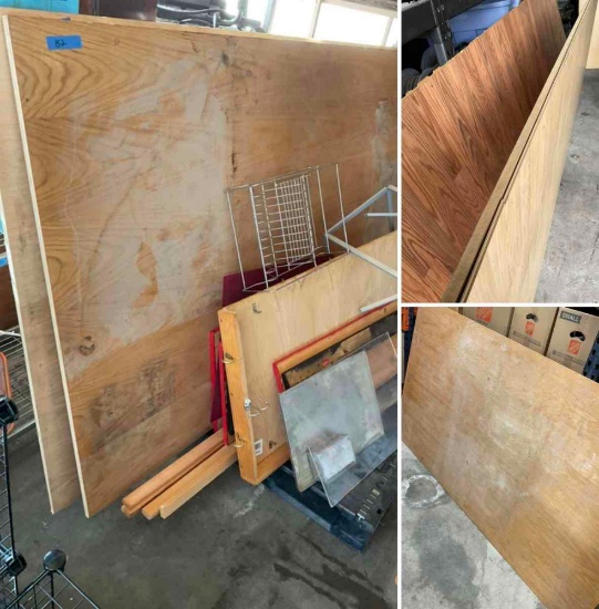 lot of 2) plywood sheets 48" x 86", 2) 98" x 4', assorted custom made wood tops, display