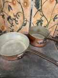 Vintage hammered copper pot and pan with iron handles, stamped made in France