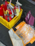 5) Fire extinguishers, Grocery bags and yellow crate