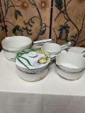 Vintage Aliminite Frugiee Porcelain De Paris pans and lid. Pan numbers: #5,#4, #3, #2