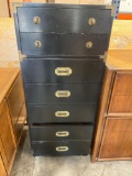 Vintage 6 drawer wooden dresser with metal accents. 62