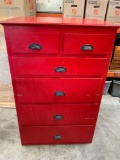 6 drawer wood dresser, hand painted Red with metal accents. 49