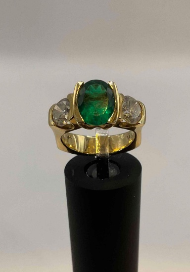 14k Gold Ring, with 2, 6mm round 1ct. diamonds, & 1, 8 x 10mm Chatman Lab Grown Emerald, AA grade