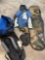 Assorted items. Ride snowboard bag, AK Burton M jacket, Dakine M gloves, goggles, 2 bags