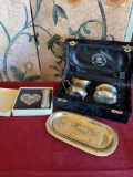 Silverplate, cream and sugar with tray & Forever Heart compact set