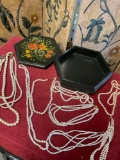 Assorted custom jewelry and decorative wood box. 8 necklaces 1 box