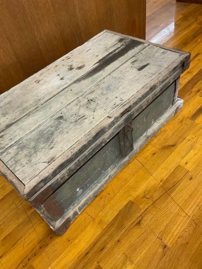 Vintage wood trunk with metal accents. 14"t x 36"w x 21"d