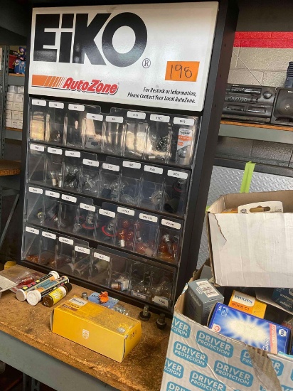 Eiki storage cabinet & assorted bulbs