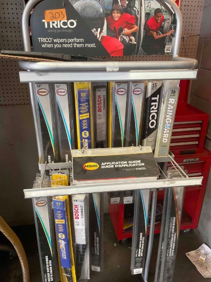 Assorted brands & sizes windshield wipers with rolling display rack. 70 wipers