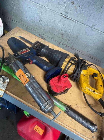 Assorted tools, Dewalt, Lincoln, battery, wrench