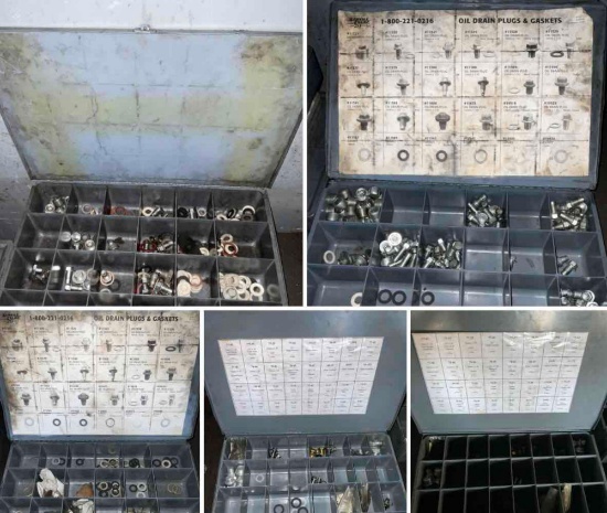 5 metal storage boxes with assorted oil drain plugs, gaskets, etc