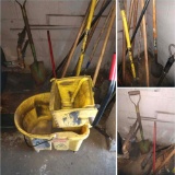 Cleaning supplies. Shovels, mop bucket, rake, etc