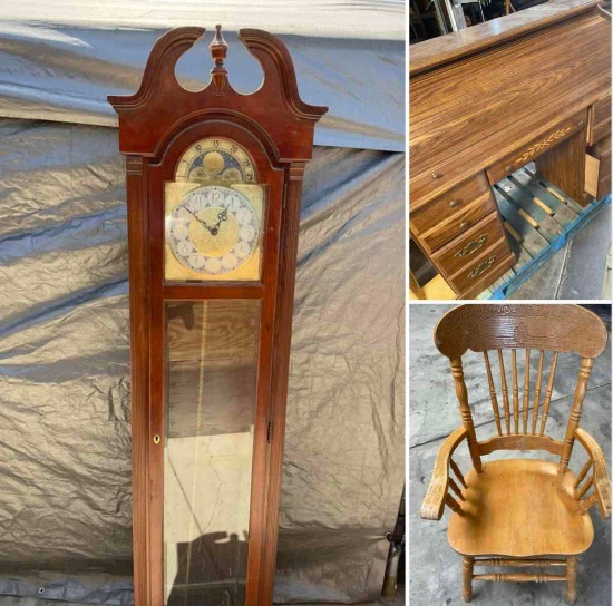 Roll top desk, chair & Ridgeway model 9434 Grandfather clock missing pieces, missing glass, etc. 3