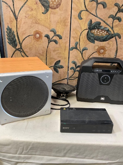 Assorted speakers. Logitech Z3, Rockford Fosgate, Sony SRS-X55, G-Project. 4 pieces