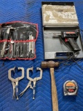 Assorted tools. Pittsburgh chisel set, Weller 8200N gun ( turned on), clams, hammer, measuring tape