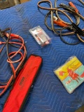 Car accessories. Booster cables, flares, poncho, strap. 5 pieces