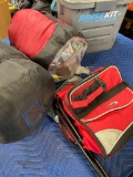 Camping items. RinseKit, Fridge storage unit, 1 sleeping bag. Inflatable Mattress pad, 4 pieces