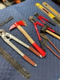 Assorted tools. Levelers, hammer, axe, etc. 9 pieces