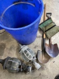 Yard accessories & deco items. Trash can, 3) shovels, 2 lamps