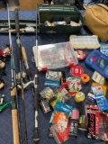 Fishing accessories/ items. Assorted reels, poles, ones, bait, trout bait, jigs, tackle, etc