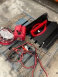 Car items. gasoline container, booster cables, 4 way cross wrench, sunshade. 5 pieces